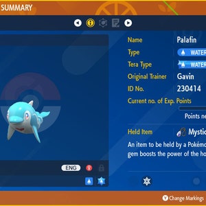 May include: A blue and white Palafin Pokemon character with a level of 50. The Pokemon is a Water type and has a Water Tera type. The Pokemon's original trainer is Gavin and its ID number is 230414. The Pokemon has 156,250 experience points and needs 9,563 more points to level up. The Pokemon is holding a Mystic Water item.
