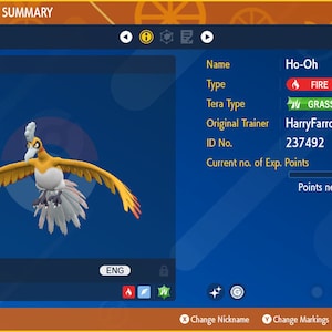 May include: A 3D model of a Ho-Oh Pokemon with a yellow and white body and red accents. The Pokemon is flying with its wings spread. The Pokemon's name, type, Tera type, original trainer, ID number, and current experience points are listed on the right side of the image.