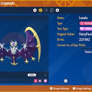 Glänsande/Icke-glänsande Lunala 6IV - Pokémon Scarlet/Violet (100% lagligt)