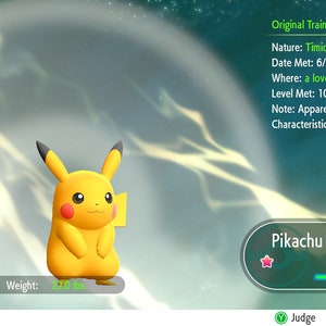 Op de afbeelding: Een geel Pikachu Pokémon-personage met een rode cirkel en een gele bliksem op zijn gezondheidsbalk. De Pokémon is level 10 en heeft 30 van de 30 gezondheidspunten. De oorspronkelijke trainer van de Pokémon is Bullseye, en de aard van de Pokémon is Timid. De Pokémon is op 18 juni 2019 op een mooie plek ontmoet. De eigenschap van de Pokémon is enigszins ijdel.