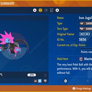 Pode incluir: Uma imagem 3D de um Pokémon Iron Jugulis do tipo Sombrio e rosa, nível 75, com um tipo Tera Sombrio. O Pokémon está segurando uma Master Ball, que é descrita como a melhor Poké Ball com o nível máximo de desempenho. O número de identificação do Pokémon é 5656 e ele tem 527.343 pontos de experiência. Ele precisa de 21.377 pontos de experiência a mais para subir de nível.