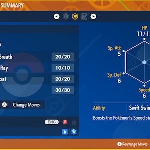 Könnte beinhalten: Ein blauer und weißer Pokémon-Status-Zusammenfassung-Bildschirm, der das Pokémon Feebas, Level 1, zeigt. Der Bildschirm zeigt die aktuellen Attacken des Pokémon, Drachenatem, Verwirrung, Spiegelschild und Nebel. Der Bildschirm zeigt auch die Werte des Pokémon, einschließlich KP, Angriff, Verteidigung, Spezial-Angriff, Spezial-Verteidigung und Geschwindigkeit. Die Fähigkeit des Pokémon ist Schnellschwimmer, die die Geschwindigkeitswerte des Pokémon im Regen erhöht.