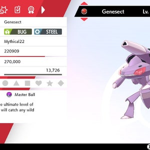 May include: A purple and white Genesect Pokemon character from the Pokemon video game series. The character is level 60 and has the Bug and Steel types. The text "Genesect Lv. 60" is displayed above the character.