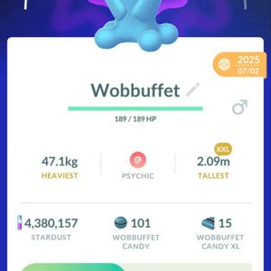 May include: A light blue Wobbuffet character from the Pokemon franchise, wearing a party hat. The image displays stats including weight (47.1kg), height (2.09m), and various in-game resources like Stardust and Candy.
