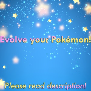 Può includere: Uno sfondo blu con stelle bianche e due Poké Ball rosse e bianche. Il testo "Evolve your Pokémon!" è in rosa e giallo. Il testo "Please read description!" è in rosa e giallo. Il testo "Pokémon HOME" è in bianco e rosso. Il testo "100% Legal" è in bianco e oro.