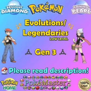 Pode incluir: Gráfico promocional para Pokémon, com personagens e texto. A imagem inclui o logotipo Pokémon, o texto "Evolutions/Legendaries LOW LEVEL Gen 3" e a frase "Please read description!". O fundo é um gradiente de azul e rosa.
