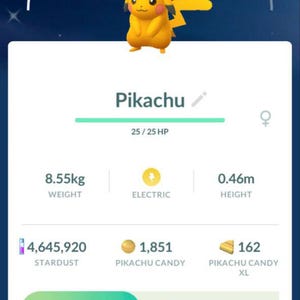 May include: A mobile game screen displays a Pikachu character wearing a chef's hat. The character is yellow with red cheeks and a lightning bolt tail. The screen shows the character's weight as 8.55kg and height as 0.46m.