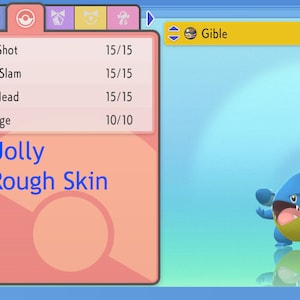 Peut inclure: Un personnage de Pokémon Gible bleu et jaune avec le texte "Battle Moves" et "Lv. 1" à l'écran. Le Pokémon a la capacité "Peau rugueuse" et la nature "Joviale". Le Pokémon a quatre mouvements : Tir de boue, Écrasement, Tête de fer et Furie.