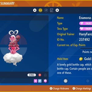May include: A pink and white Enamorus Pokemon with a heart on its chest, a cloud underneath it, and the text "Enamorus Lv. 20" below it. The Pokemon is in a blue box with a white border. The box also has the text "ENG" in the top right corner. The Pokemon's stats are listed on the right side of the image, including its type, Tera Type, original trainer, ID number, current experience points, and held item. The held item is a Gold Bottle Cap.