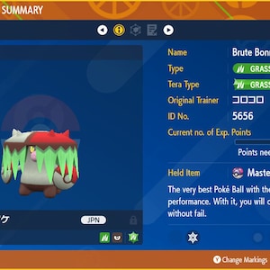 Pode incluir: Uma captura de tela de um jogo Pokémon mostrando um Pokémon Brute Bonnet do tipo Grama e Sombrio. O Pokémon está no nível 75 e tem 527.343 pontos de experiência. O Pokémon está segurando uma Master Ball.