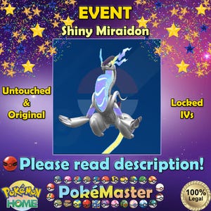 Pode incluir: Imagem digital com um personagem Shiny Miraidon azul e prateado sobre um fundo azul escuro. O texto inclui "EVENT", "Shiny Miraidon", "Untouched & Original" e "Locked IVs". A imagem também contém o texto "Please read description!" e vários logotipos.