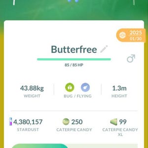 May include: A mobile game interface displaying a Butterfree character with a CP of 758. The screen shows stats like weight (43.88kg) and height (1.3m), along with stardust and candy counts. The game offers options to power up and learn new attacks.