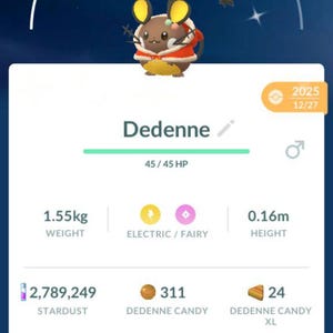 May include: A mobile game screen displays a Dedenne character with a CP of 181. The screen shows the character's weight at 1.55kg and height at 0.16m. The text "Dedenne" is displayed, along with other game information.