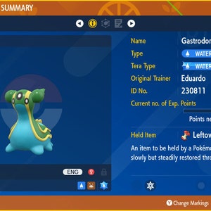 May include: A blue and green Gastrodon Pokemon character with the text "Gastrodon Lv. 50" and "ENG" below it. The Pokemon is a Water and Ground type with a Water Tera type. The original trainer is Eduardo and the ID number is 230811. The Pokemon has 125,000 experience points and needs 7,651 more to level up. The Pokemon is holding Leftovers, an item that slowly restores the holder's HP throughout a battle.
