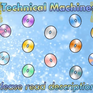 以下が含まれることがあります： 青い背景に、さまざまな色の円盤が並んでいます。それぞれの円盤は異なるデザインをしています。画像の上部には「Technical Machines」というテキストがあります。画像の上部コーナーには「Pokémon Scarlet」と「Pokémon Violet」というテキストがあります。画像の下部には「Please read description!」というテキストがあります。