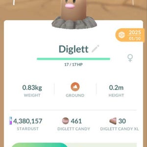 May include: A Diglett character from the Pokémon franchise, wearing a black bowler hat. The image displays Diglett's stats, including a weight of 0.83kg and a height of 0.2m. The CP is 57. The game interface shows options to power up and evolve.