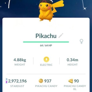 May include: A mobile game screen displays a Pikachu character with a CP of 431. The character is yellow with a white and red headband. The screen shows stats: 4.88kg weight, 0.34m height, and various game resources.