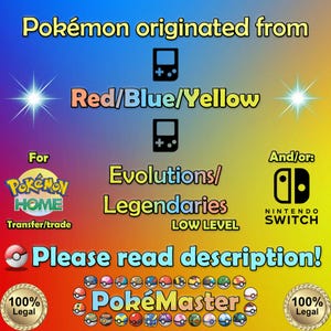 Pode incluir: Gráfico com texto sobre jogos Pokémon. Menciona "Pokémon originated from Red/Blue/Yellow" e "Evolutions/Legendaries". Inclui o logotipo da Nintendo Switch e o texto "Please read description!"