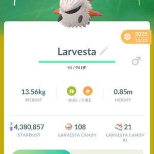May include: A mobile game screen displays a Larvesta character with a CP of 835. The character is white, orange, and black. The screen shows the character's weight as 13.56kg and height as 0.85m. The game interface includes options to power up or evolve the character.