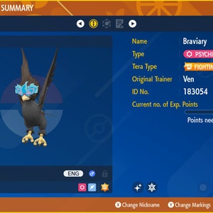 Op de afbeelding: Een digitaal beeld uit een Pokémon-game met Braviary, een vogelachtig wezen met zwarte en bruine veren, blauwe accenten en gele voeten. Het scherm toont zijn level, type en trainerinformatie.