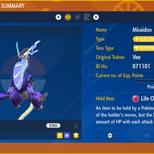 Pokemon Scarlet & Violet: Shiny Miraidon With 6 IV 31 Stats - For Nintendo Switch 3 thumbnail image