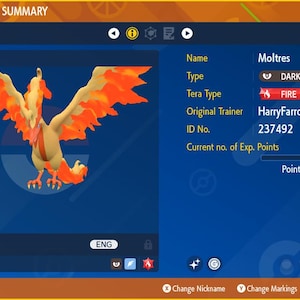 Glanzend/niet-glanzend Galarian Moltres 6IV - Pokémon Scarlet/Violet (100% legaal)
