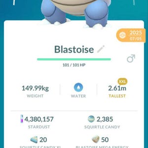 May include: A blue Blastoise character from a mobile game, wearing a party hat. The image displays stats including weight (149.99 kg), height (2.61 m), and various in-game resources. The text "Blastoise" is visible.
