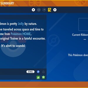 Puede incluir: Una pantalla azul con un cuadro blanco que dice "POK&Eacute;MON STATUS SUMMARY" en la parte superior. La pantalla muestra un Pok&eacute;mon llamado Sprigatito, nivel 5, con una descripci&oacute;n que dice "Este Pok&eacute;mon es bastante Alegre por naturaleza. Parece que ha viajado a trav&eacute;s del espacio y el tiempo para unirse a m&iacute; desde Pok&eacute;mon HOME, donde conoci&oacute; a su Entrenador original en un encuentro fat&iacute;dico. &iexcl;Est&aacute; atento a los sonidos!"