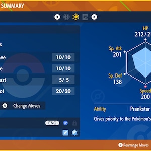 May include: A blue and white Pokemon status summary screen showing Tornadus, level 70, with the ability Prankster. The screen shows the Pokemon's current moves, Heat Wave, Hurricane, Focus Blast, and Nasty Plot, along with its stats, HP, Attack, Defense, Special Attack, Special Defense, and Speed.