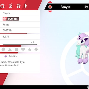 May include: A digital screenshot of a Pokemon game showing a Ponyta, a Psychic type Pokemon, with a pink and purple mane and tail. The Pokemon is level 15 and is holding an Eviolite item. The text on the screen reads "Ponyta Lv. 15" and "Eviolite".
