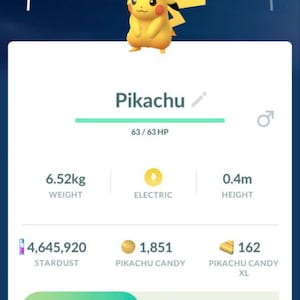 May include: A mobile game screen displays a yellow Pikachu character wearing a hat. The screen shows the character's stats, including its weight of 6.52 kg and height of 0.4 m. The game interface includes options for powering up and new attacks.
