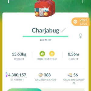 May include: A mobile game screen displays a red gift box with a bow, and the name "Charjabug". The game shows stats including weight (15.63kg), height (0.56m), and various candies. The CP is 568.