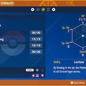 Op de afbeelding: Een blauwe en witte Poké Ball-afbeelding op een blauwe achtergrond. De tekst "POKÉMON STATUS SUMMARY" staat bovenaan de afbeelding. De tekst "Moves and Stats" staat onder de titel. De tekst "Current Moves" staat in een vakje aan de linkerkant van de afbeelding. De tekst "Smog", "Clear Smog", "Toxic" en "Haze" staan onder "Current Moves" vermeld. De tekst "Gastly" staat in een vakje aan de linkerkant van de afbeelding. De tekst "Lv. 1" staat onder "Gastly". De tekst "ENG" staat in een vakje aan de rechterkant van de afbeelding. De tekst "HP 11/11" staat in een vakje aan de rechterkant van de afbeelding. De tekst "Sp. Atk 7", "Sp. Def 6", "Attack 5", "Defense 5" en "Speed 6" staan in een vakje aan de rechterkant van de afbeelding. De tekst "Ability Levitate" staat in een vakje aan de rechterkant van de afbeelding. De tekst "By floating in the air, the Pokémon receives full immunity to all Ground-type moves." staat onder "Ability Levitate".