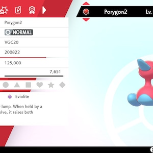 Pode incluir: Um personagem Pokémon Porygon2 rosa e azul da série de videogames Pokémon. O Pokémon está no nível 50 e está segurando um item Eviolite. As estatísticas do Pokémon são exibidas na tela, incluindo seus pontos de experiência atuais e a quantidade de pontos necessários para subir de nível.