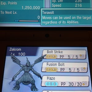 May include: A screenshot of a Nintendo DS game showing a Zekrom Pokemon with a level of 100. The Pokemon is grey and has a dragon-like appearance. The screen also shows the Pokemon's moves: Bolt Strike, Fusion Bolt, Haze, and Outrage.