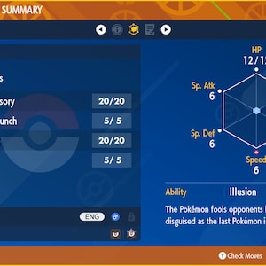 May include: A blue and white Poké Ball graphic with a blue background. The text "POKÉMON STATUS SUMMARY" is at the top of the image. The text "Moves and Stats" is below the title. The text "Current Moves" is in a box on the left side of the image. The text "Extrasensory", "Sucker Punch", "Copycat", and "Detect" are listed below the "Current Moves" text. The text "Zorua" is in a box at the bottom left of the image. The text "Lv. 1" is below the "Zorua" text. The text "HP", "Sp. Atk", "Sp. Def", "Speed", "Attack", and "Defense" are listed around a hexagon on the right side of the image. The text "Illusion" is in a box at the bottom right of the image. The text "The Pokémon fools opponents by entering battle disguised as the last Pokémon in its Trainer's party." is below the "Illusion" text.