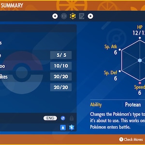 May include: A blue screen with a Pokemon status summary. The Pokemon is Froakie, level 1. The Pokemon's stats are displayed in a hexagon with a blue background. The Pokemon's moves are listed on the left side of the screen. The Pokemon's ability is Protean, which changes the Pokemon's type to the type of the move it's about to use.