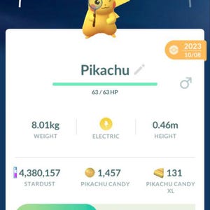May include: A screenshot from the mobile game Pokémon GO featuring Pikachu. The yellow Pokémon is wearing a detective hat and holding a magnifying glass. The screen displays Pikachu's stats, including weight (8.01kg), height (0.46m), and CP (390).
