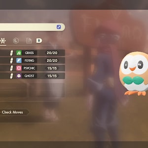May include: A brown and green Rowlet Pokemon character with large eyes and a green bow tie. The Pokemon is level 5 and has the moves Magical Leaf, Aerial Ace, Psycho Cut, and Shadow Claw. The moves are listed with their corresponding types: Grass, Flying, Psychic, and Ghost.