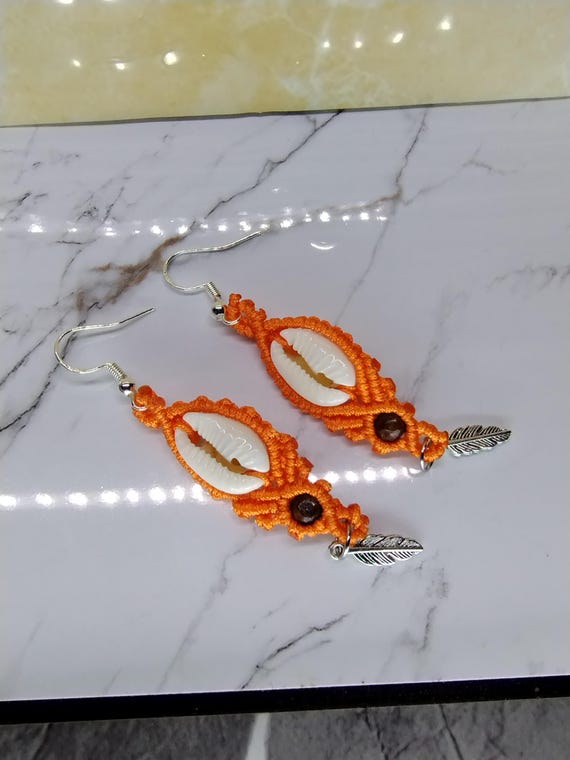 Boho Macrame Earrings With Conch Shell, Wooden Bead Feather