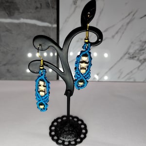 Handmade Macramé Earrings – Blue & Gold Boho Style Waterproof