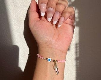 Pink evil eye, San Judas bracelet, gold filled beads, bestfriend bracelets, gifts for her, unique gift, personalized gift,