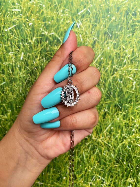 Silver Virgin Mary Necklace White CZ 