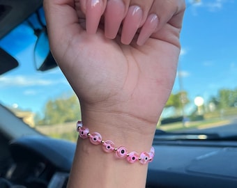 Pink evil eye bracelet, unique gift, evil eye protection bracelet, friendship bracelet, handmade jewelry, minimalist, tarnish resistant