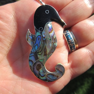 Vintage Sterling Silver Mother of Pearl Onyx Seahorse Necklace