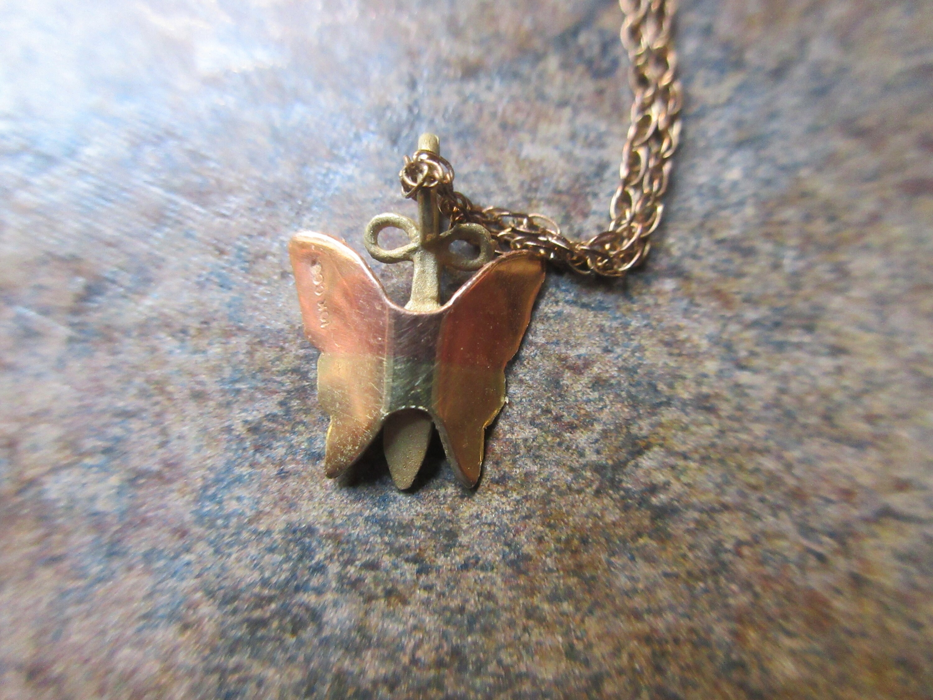 Vintage 10 Kt Tri Color Gold Black Hills Gold Butterfly Necklace