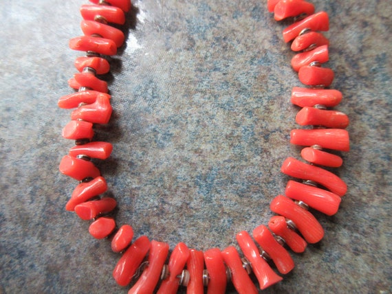 Vintage Sterling Silver Red Coral Heishi Necklace… - image 1