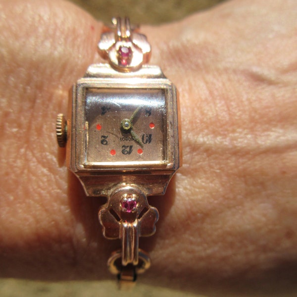 Rare Vintage Women's "Robot" Rose Gold Ruby Accent Watch w/ Forstner 1/20-12 Kt Gold Filled Band