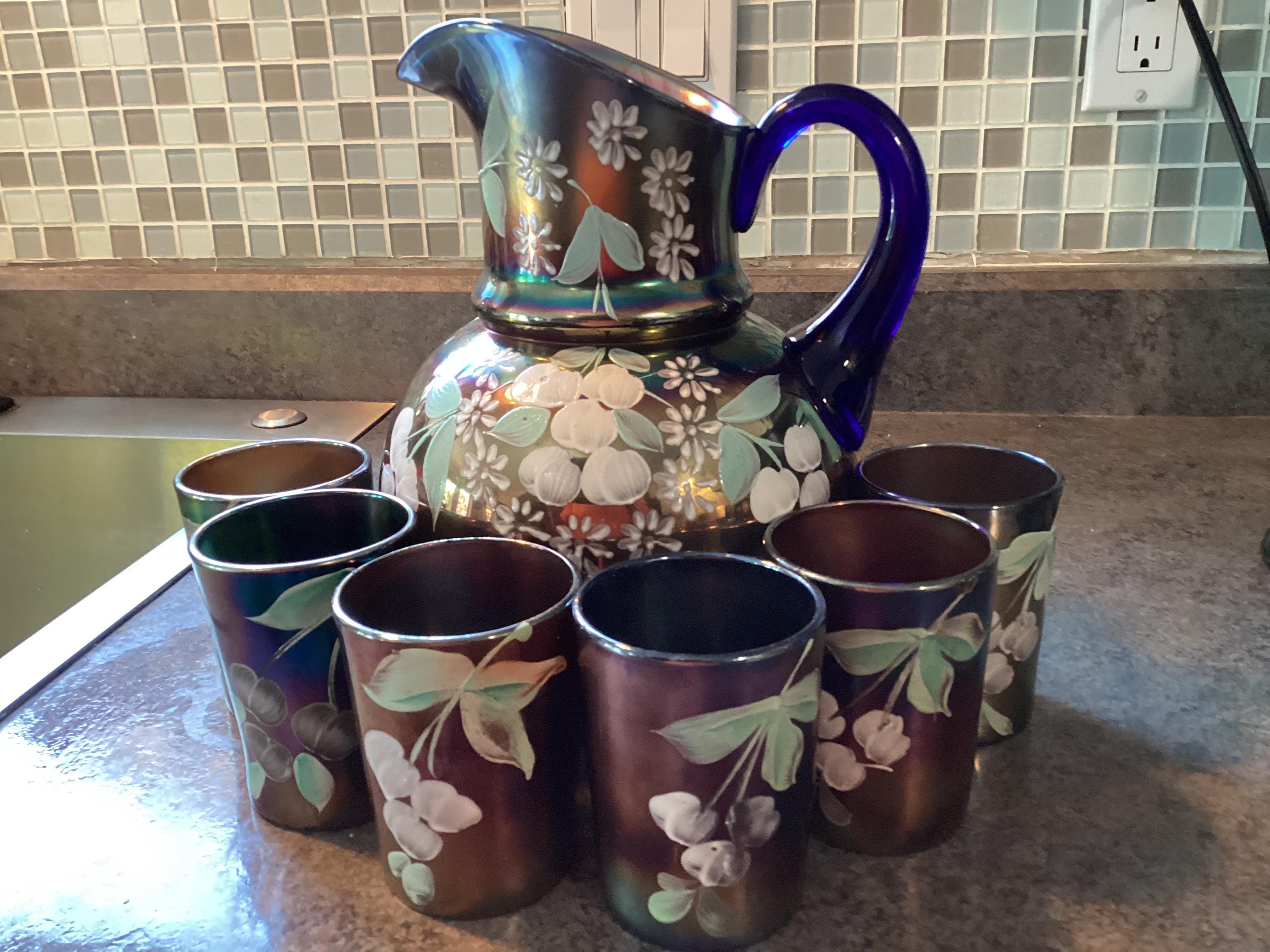 フェントン　Fenton クランベリーオプティック　メロン　ボトル　(大) Fenton Carnival Glass Pitcher Set - Etsy