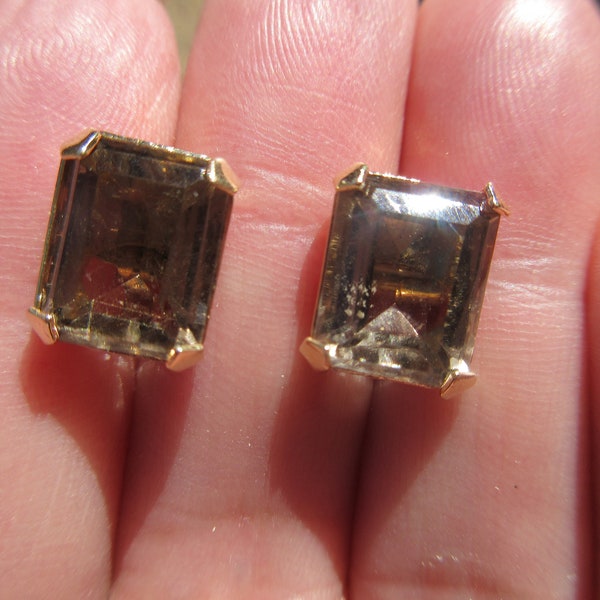 Vintage 14 Kt Yellow Gold Smokey Topaz Emerald Cut Earrings